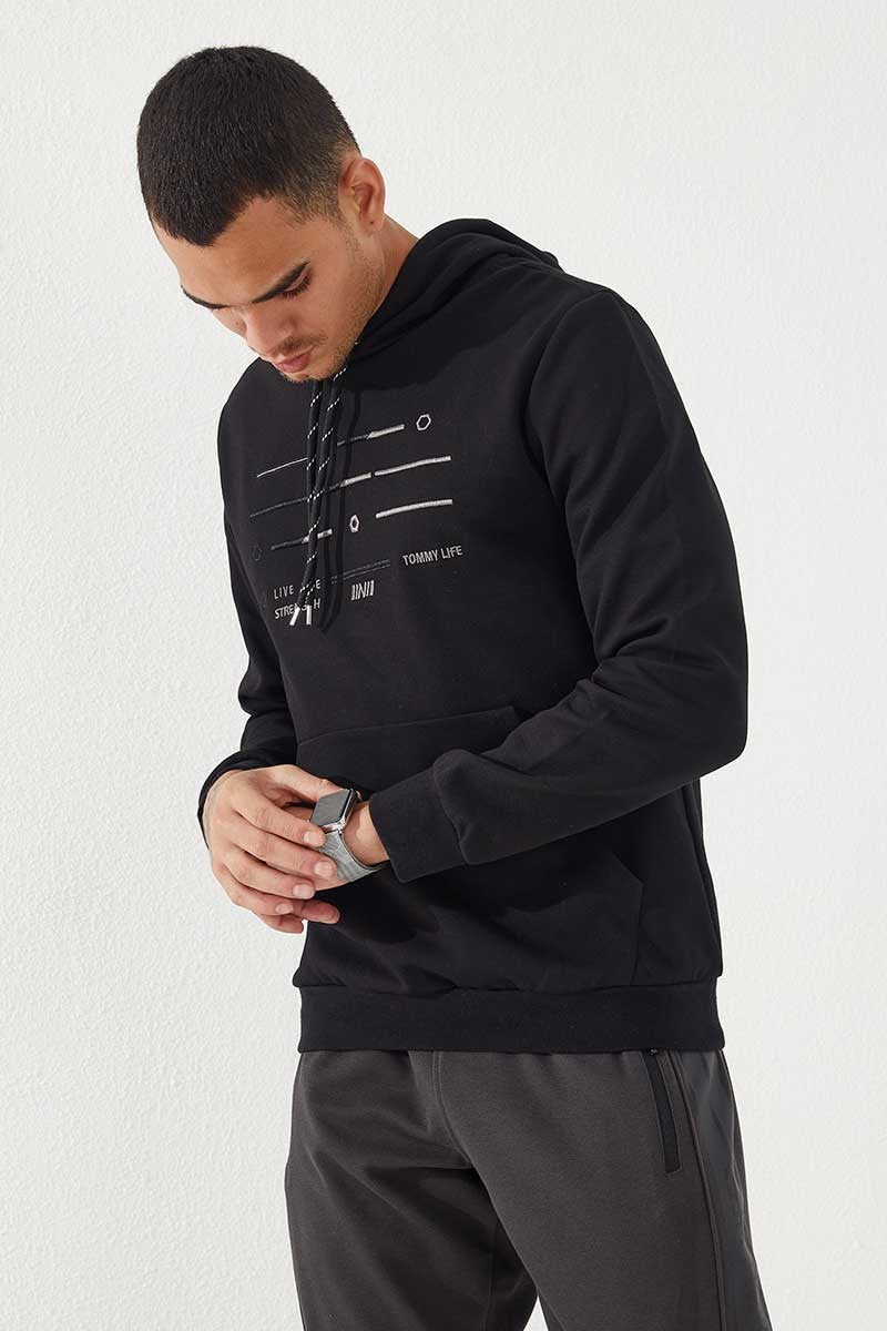 TMY Black Striped Embroidered Standard Fit Hooded Men's Sweatshirt - 87885 - Sesto Fiorentino