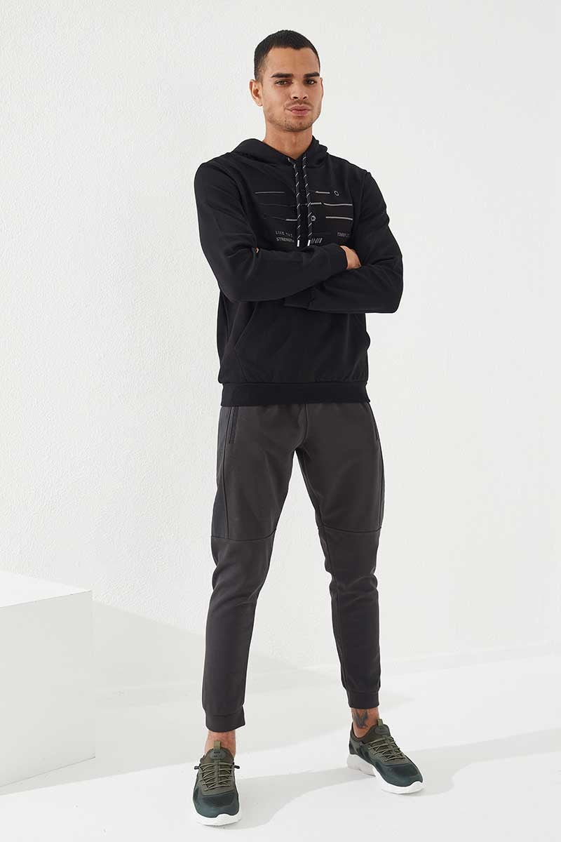 TMY Black Striped Embroidered Standard Fit Hooded Men's Sweatshirt - 87885 - Sesto Fiorentino