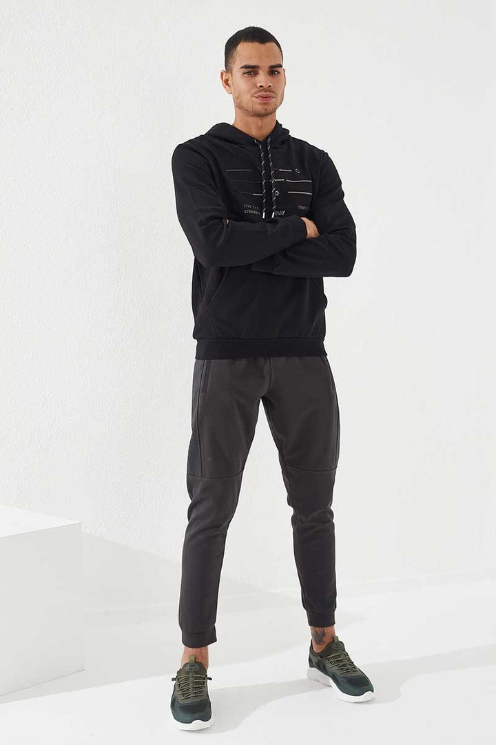 TMY Black Striped Embroidered Standard Fit Hooded Men's Sweatshirt - 87885 - Sesto Fiorentino