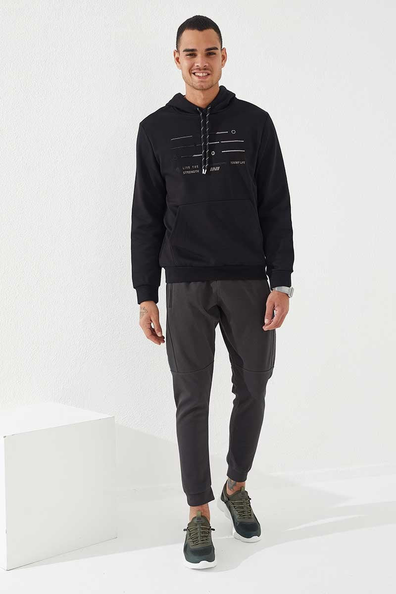 TMY Black Striped Embroidered Standard Fit Hooded Men's Sweatshirt - 87885 - Sesto Fiorentino