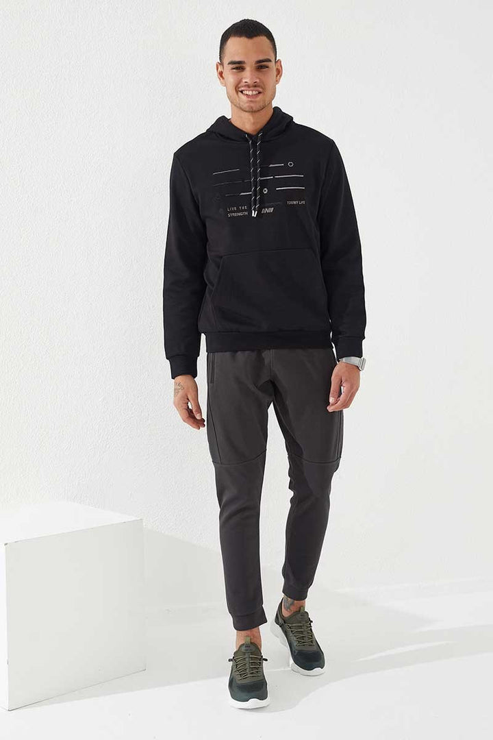 TMY Black Striped Embroidered Standard Fit Hooded Men's Sweatshirt - 87885 - Sesto Fiorentino