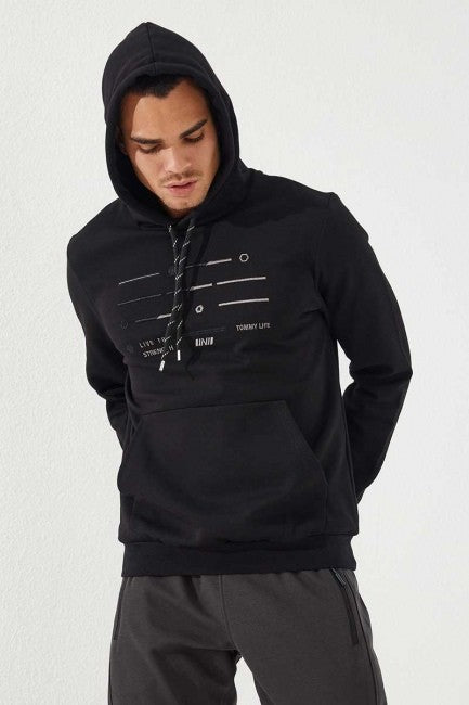 TMY Black Striped Embroidered Standard Fit Hooded Men's Sweatshirt - 87885 - Sesto Fiorentino
