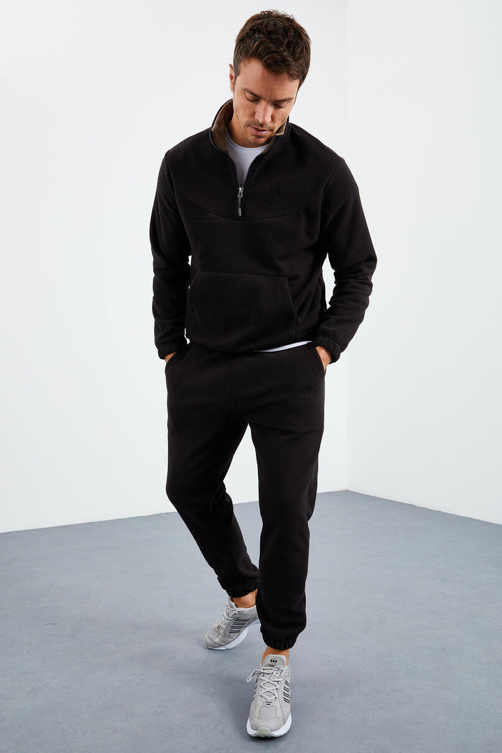 TMY Black Half Zip Stand-up Collar Elastic Cuff Polar Men's Tracksuit - 85159 - Trieste