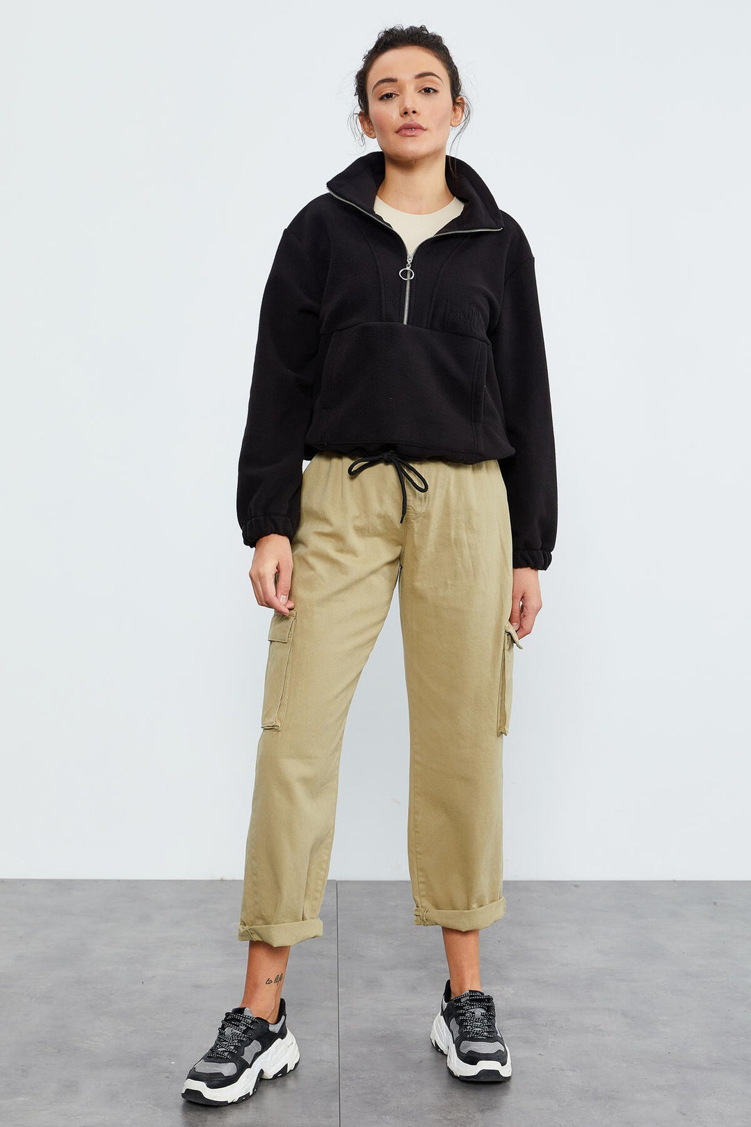TMY Black Half Zip Skirt Hem Ruched Women's Polar Oversize Sweatshirt - 97171 - Leominster