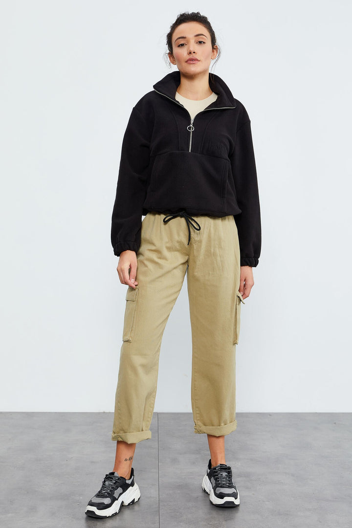 TMY Black Half Zip Skirt Hem Ruched Women's Polar Oversize Sweatshirt - 97171 - Leominster