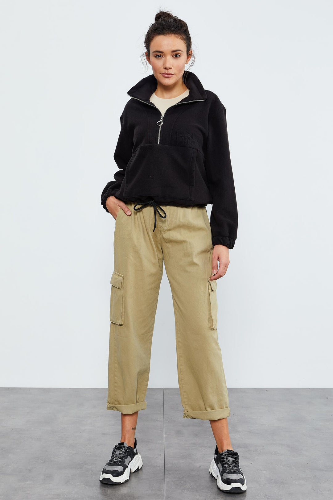 TMY Black Half Zip Skirt Hem Ruched Women's Polar Oversize Sweatshirt - 97171 - Leominster