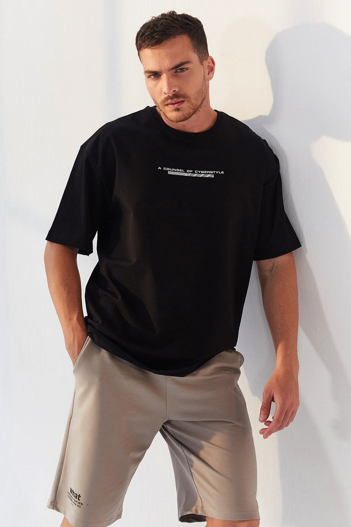 TMY Black Printed O Neck Men's Oversize T-Shirt - 87984 - Marijampolė