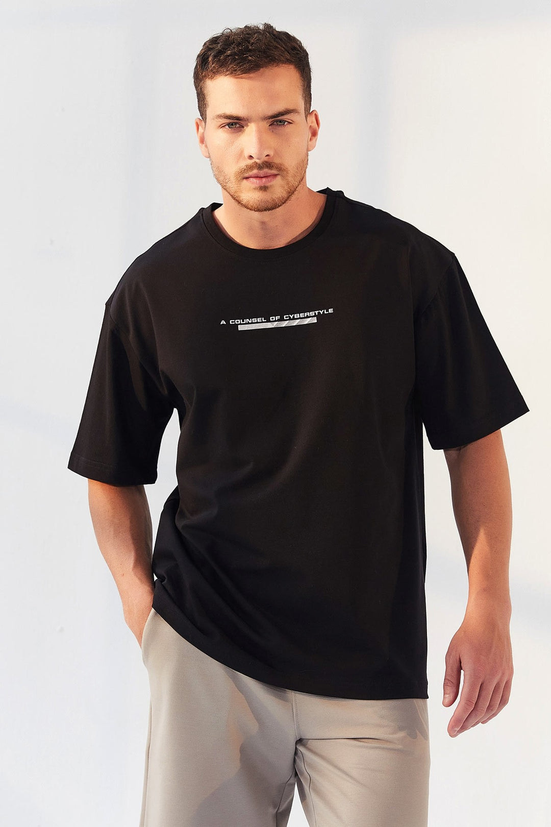 TMY Black Printed O Neck Men's Oversize T-Shirt - 87984 - Marijampolė