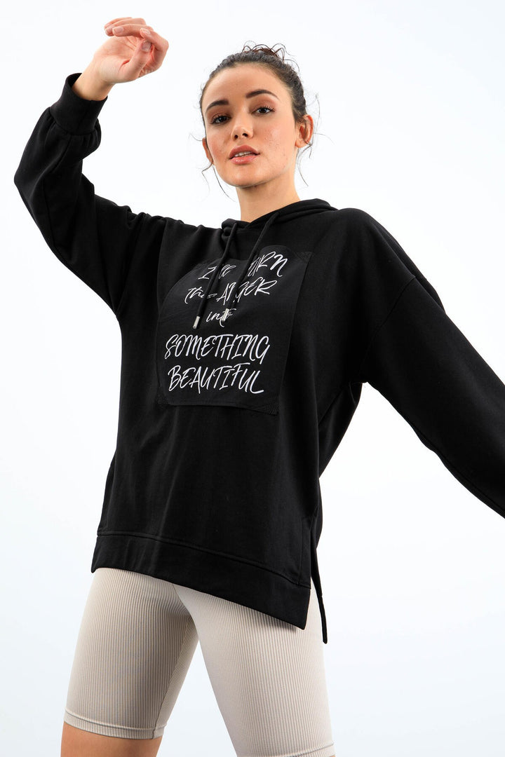 TMY Black Textured Patchwork Hooded Women's Oversized Sweatshirt - 97178 - Oak Lawn