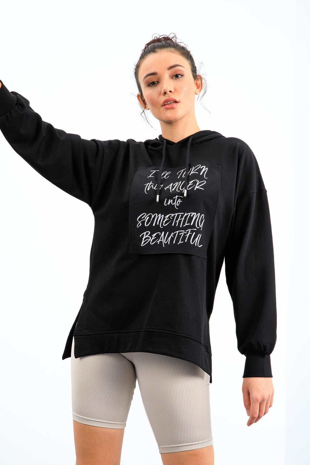 TMY Black Textured Patchwork Hooded Women's Oversized Sweatshirt - 97178 - Oak Lawn