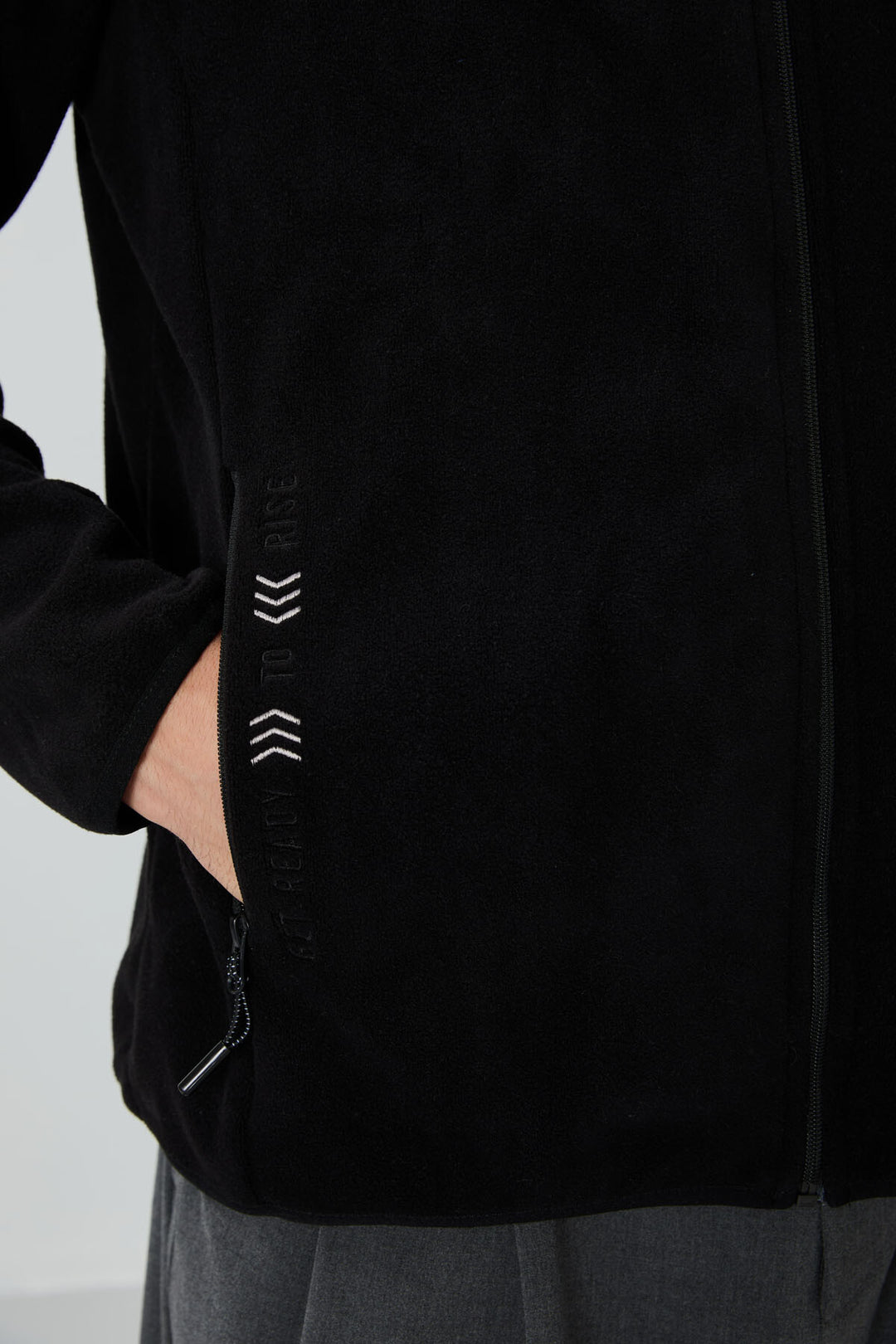 TMY Black Embroidered Text Stand-up Collar Zippered Standard Fit Men's Sweatshirt Polar - 87992 - Wigan
