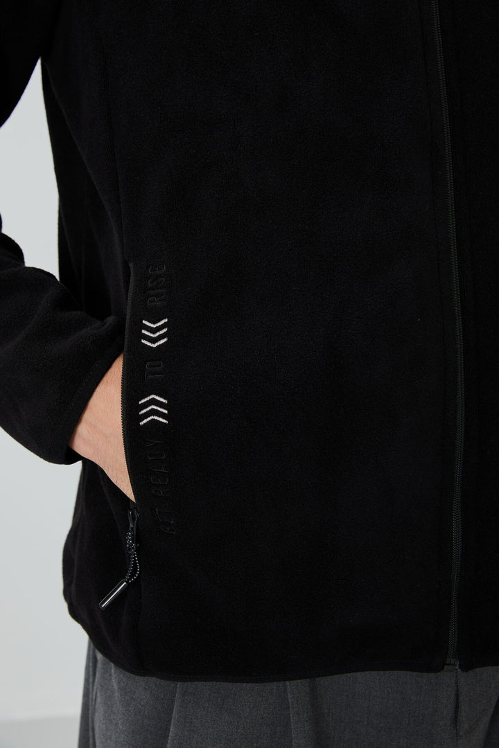 TMY Black Embroidered Text Stand-up Collar Zippered Standard Fit Men's Sweatshirt Polar - 87992 - Wigan
