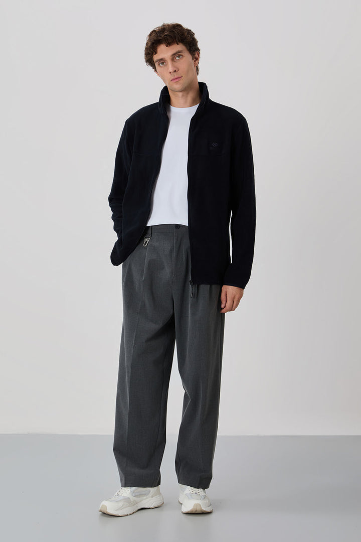 TMY Black Embroidered Text Stand-up Collar Zippered Standard Fit Men's Sweatshirt Polar - 87992 - Wigan