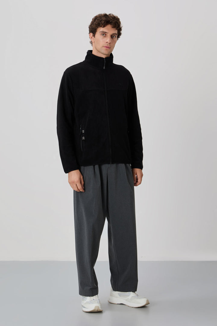 TMY Black Embroidered Text Stand-up Collar Zippered Standard Fit Men's Sweatshirt Polar - 87992 - Wigan