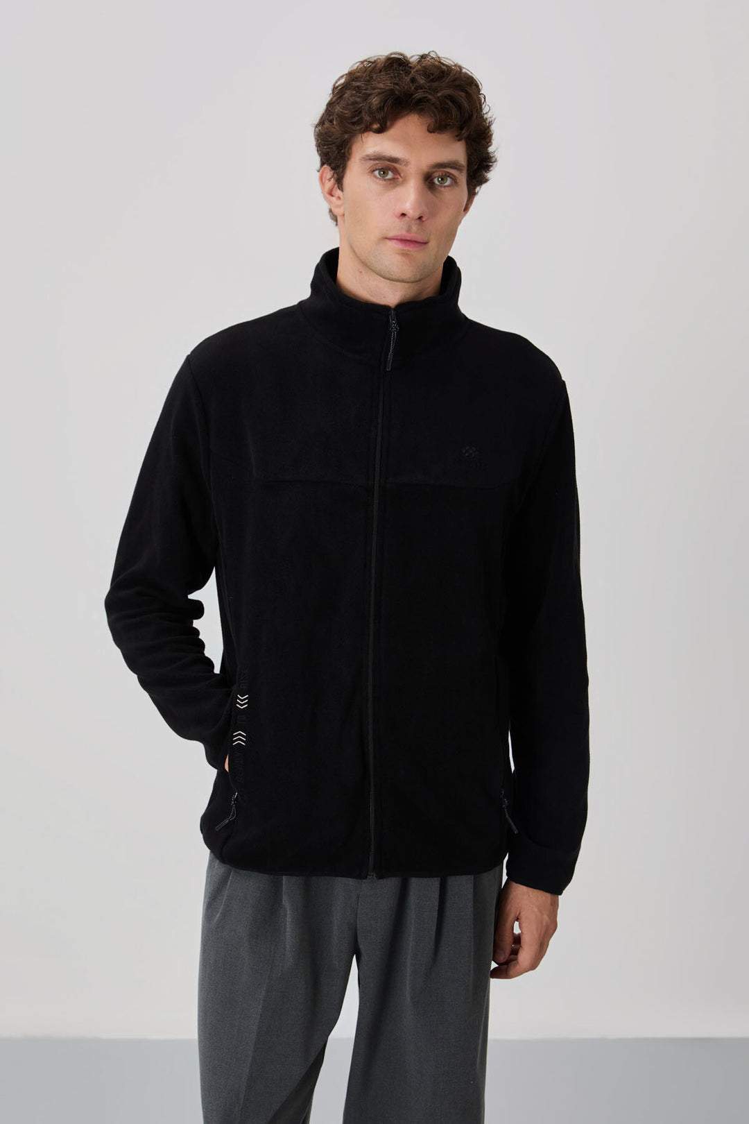 TMY Black Embroidered Text Stand-up Collar Zippered Standard Fit Men's Sweatshirt Polar - 87992 - Wigan