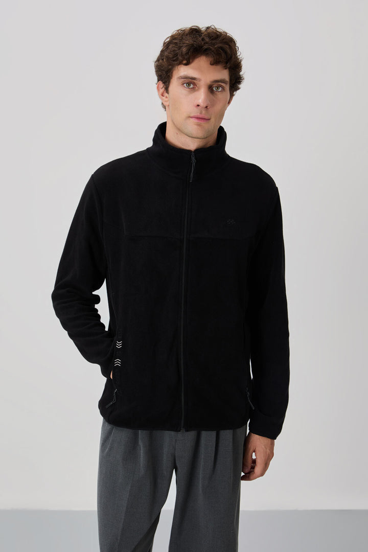 TMY Black Embroidered Text Stand-up Collar Zippered Standard Fit Men's Sweatshirt Polar - 87992 - Wigan