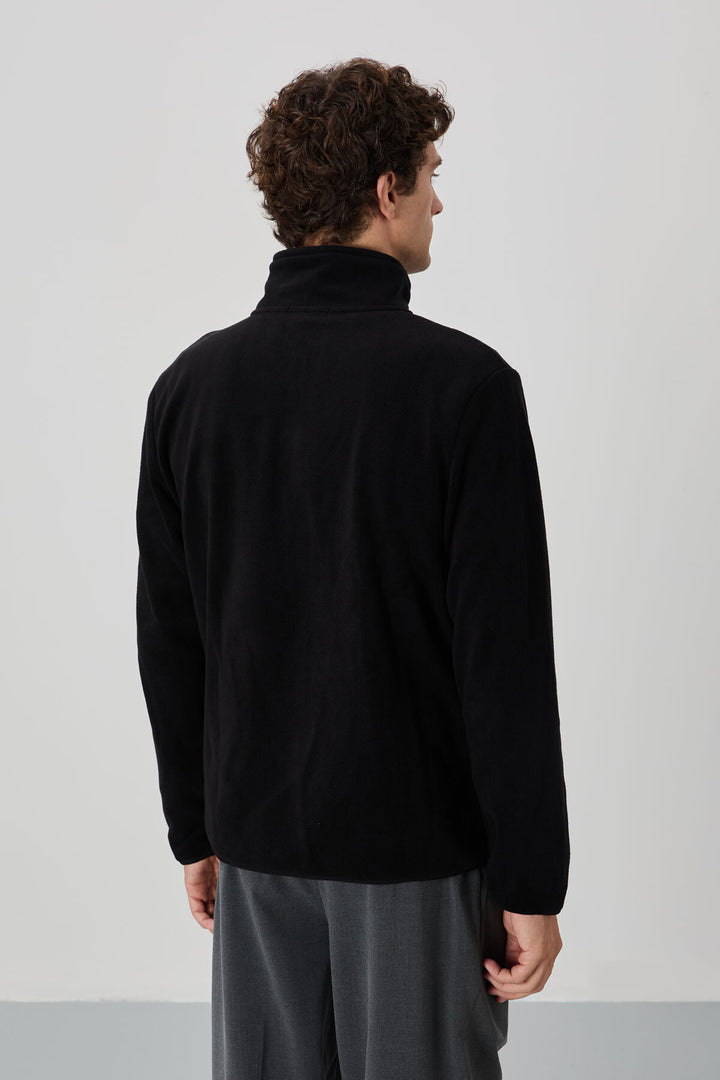 TMY Black Embroidered Text Stand-up Collar Zippered Standard Fit Men's Sweatshirt Polar - 87992 - Wigan