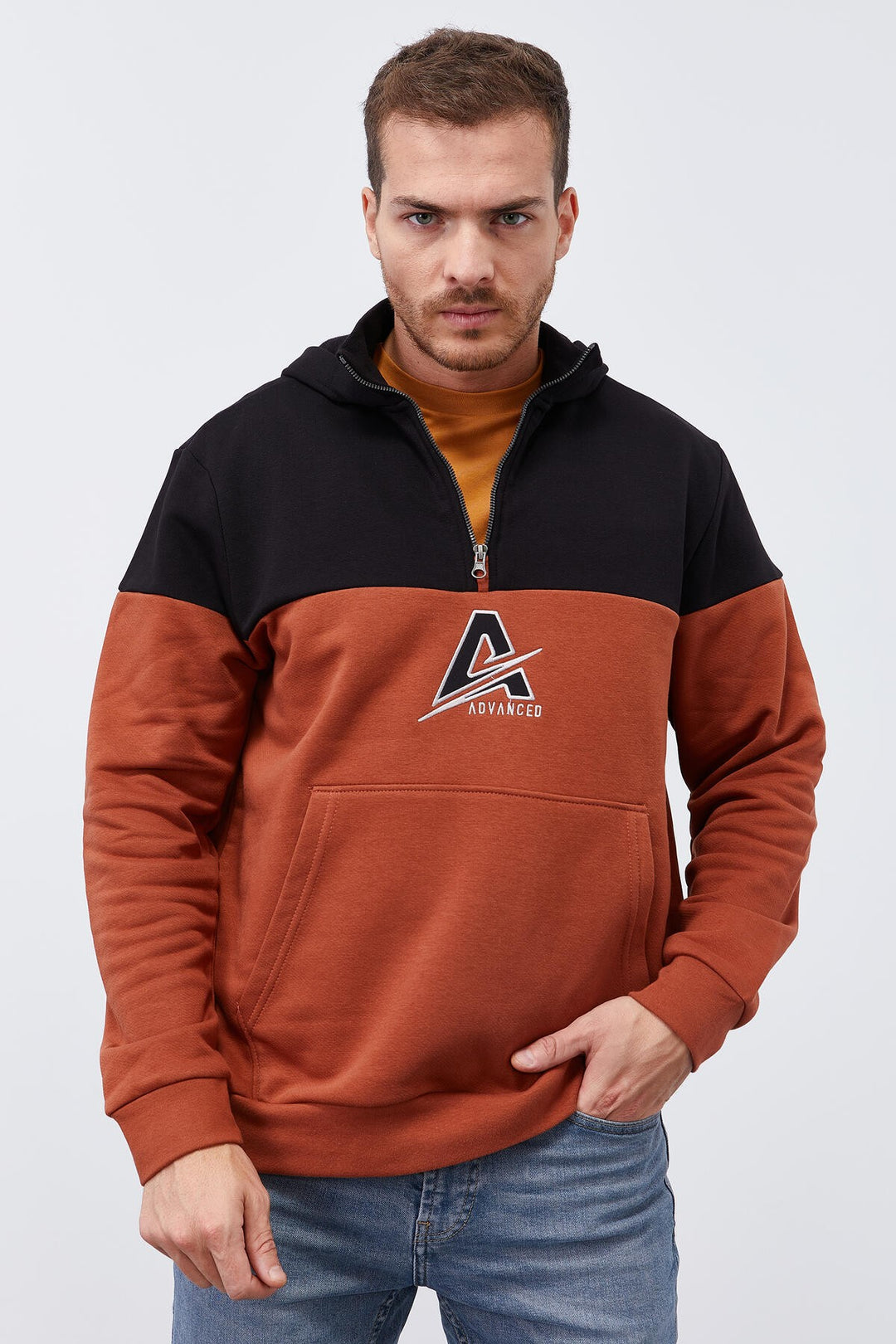 TMY Cinnamon Men's Half Zip Standard Fit Hooded Sweatshirt - 88033 - Vergína