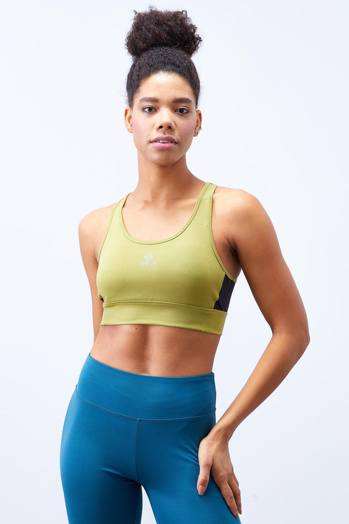 TMY Oil Green Cross Back Detailed Slim Fit U-Neck Padded Women's Sports Bustier - 97121 - Mobile