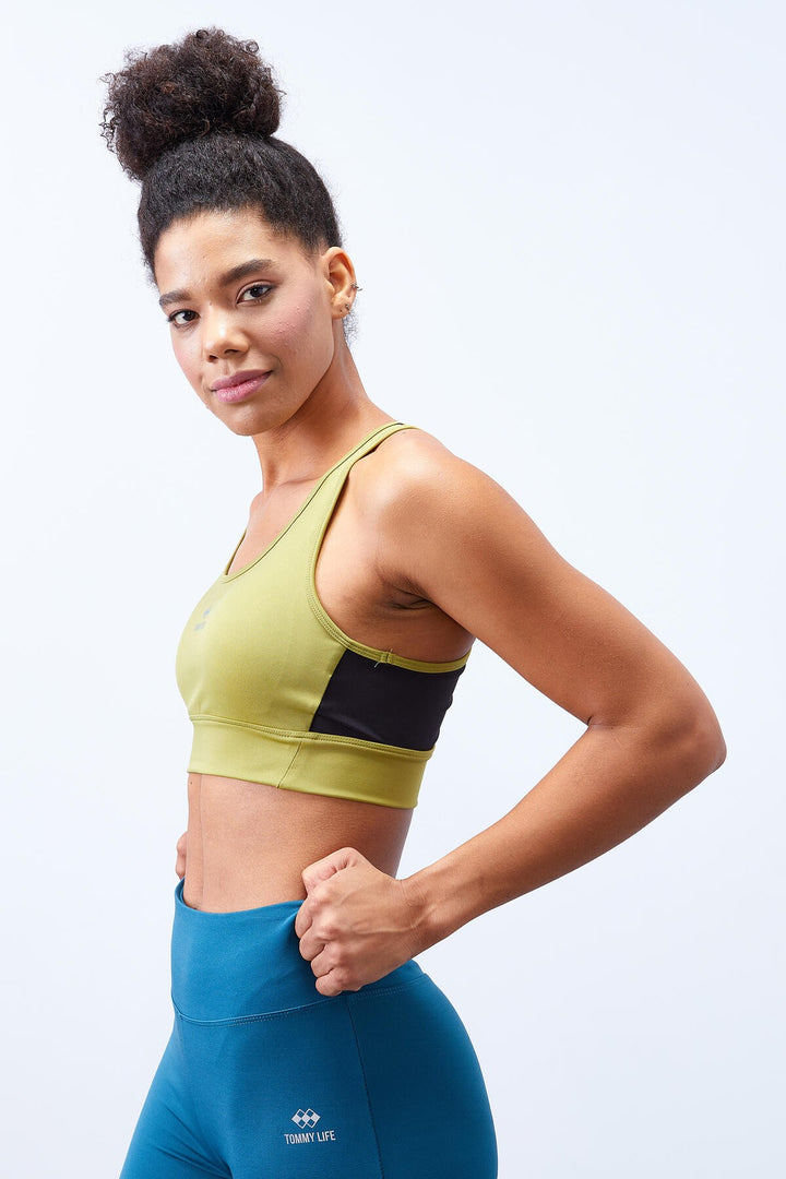 TMY Oil Green Cross Back Detailed Slim Fit U-Neck Padded Women's Sports Bustier - 97121 - Mobile
