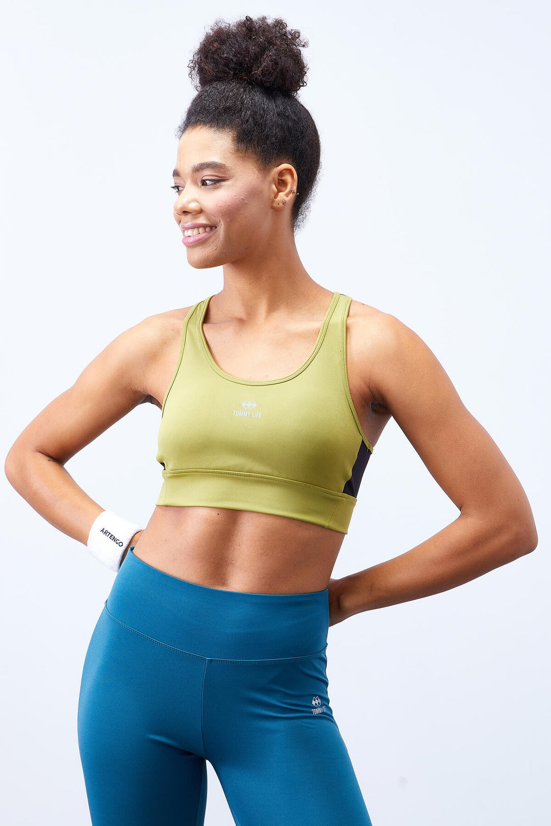 TMY Oil Green Cross Back Detailed Slim Fit U-Neck Padded Women's Sports Bustier - 97121 - Mobile