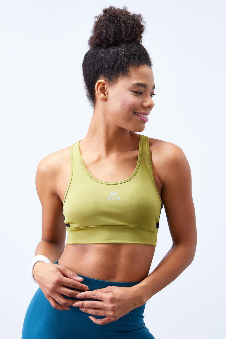TMY Oil Green Cross Back Detailed Slim Fit U-Neck Padded Women's Sports Bustier - 97121 - Mobile