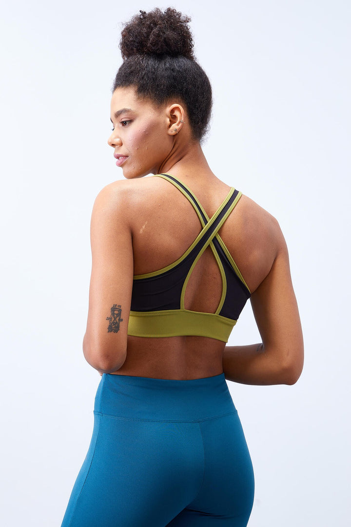 TMY Oil Green Cross Back Detailed Slim Fit U-Neck Padded Women's Sports Bustier - 97121 - Mobile