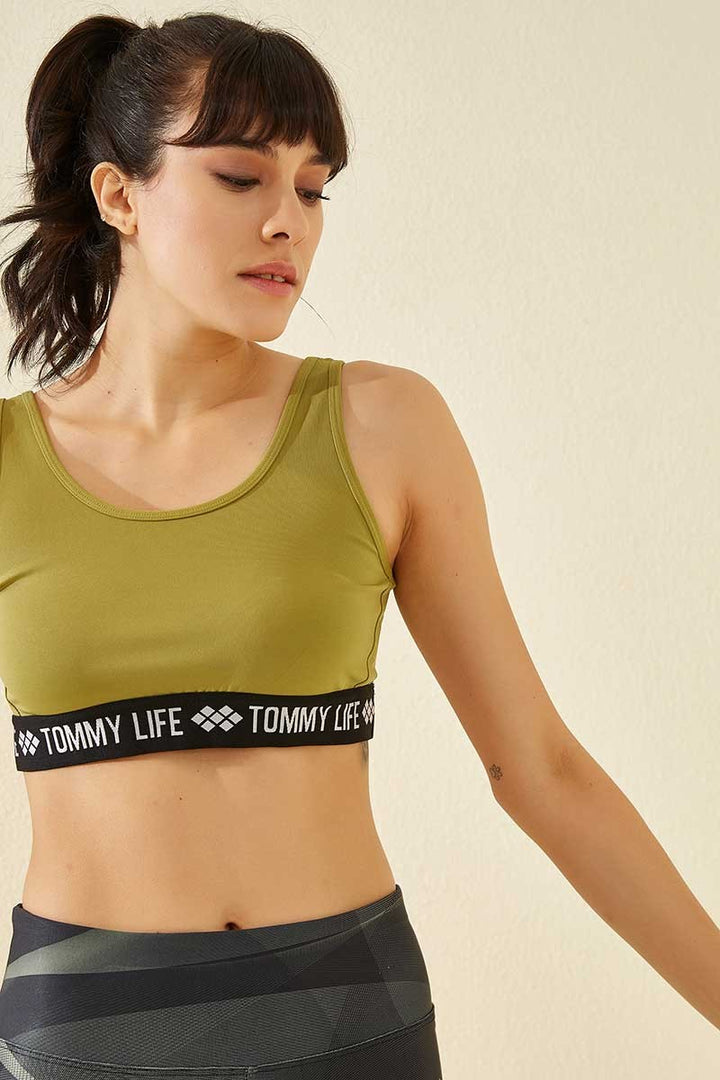 TMY Oil Green Striped Text Standard Mold U Neck Women's Sports Bustier - 97113 - West Seneca