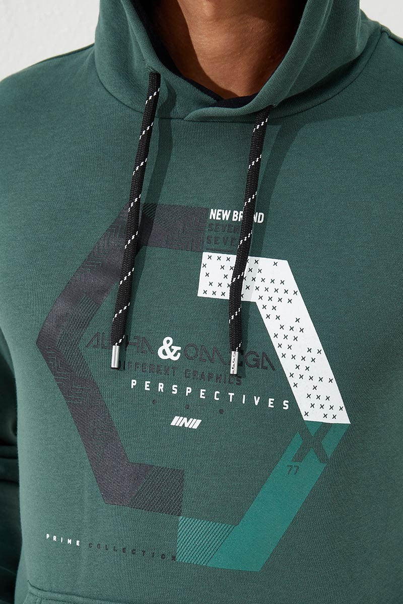 TMY Green Geometric Printed Standard Mold Hooded Men's Sweatshirt - 87870 - Oshawa