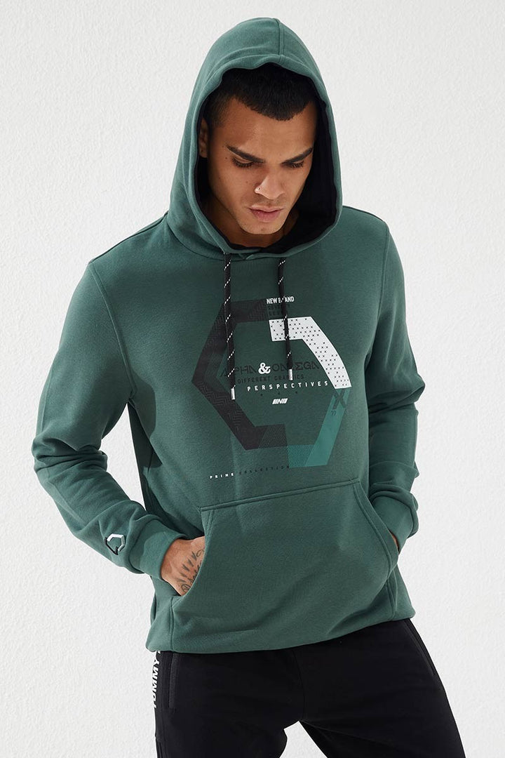 TMY Green Geometric Printed Standard Mold Hooded Men's Sweatshirt - 87870 - Oshawa