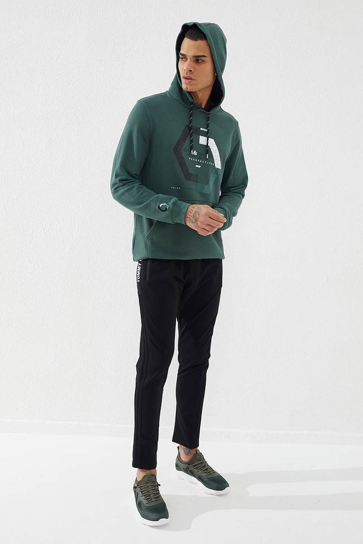TMY Green Geometric Printed Standard Mold Hooded Men's Sweatshirt - 87870 - Oshawa