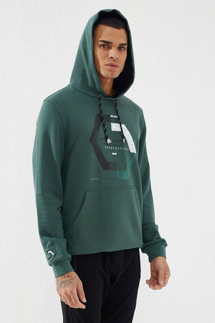 TMY Green Geometric Printed Standard Mold Hooded Men's Sweatshirt - 87870 - Oshawa