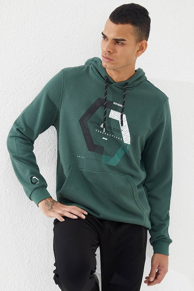 TMY Green Geometric Printed Standard Mold Hooded Men's Sweatshirt - 87870 - Oshawa