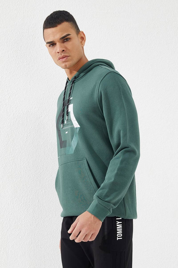 TMY Green Geometric Printed Standard Mold Hooded Men's Sweatshirt - 87870 - Oshawa
