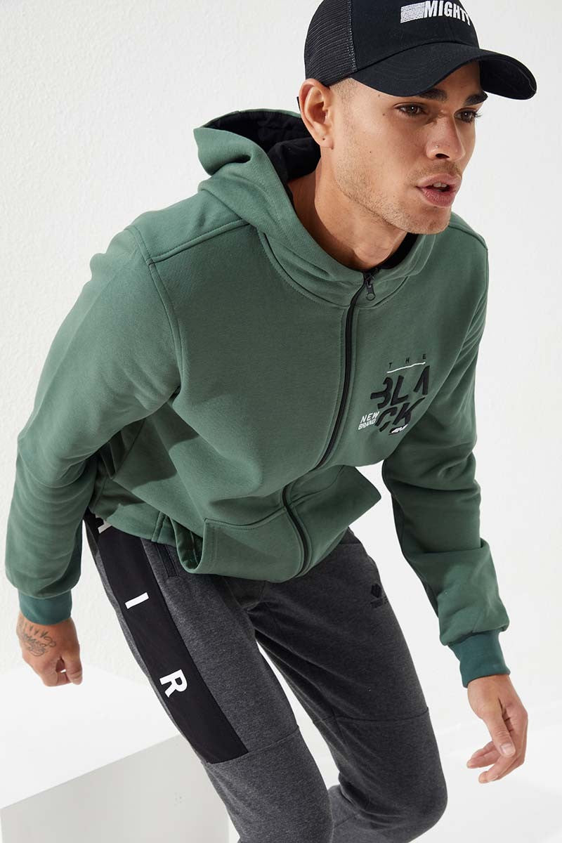 TMY Green Zippered Kangaroo Pocket Standard Fit Hooded Men's Sweatshirt - 87876 - Victorville