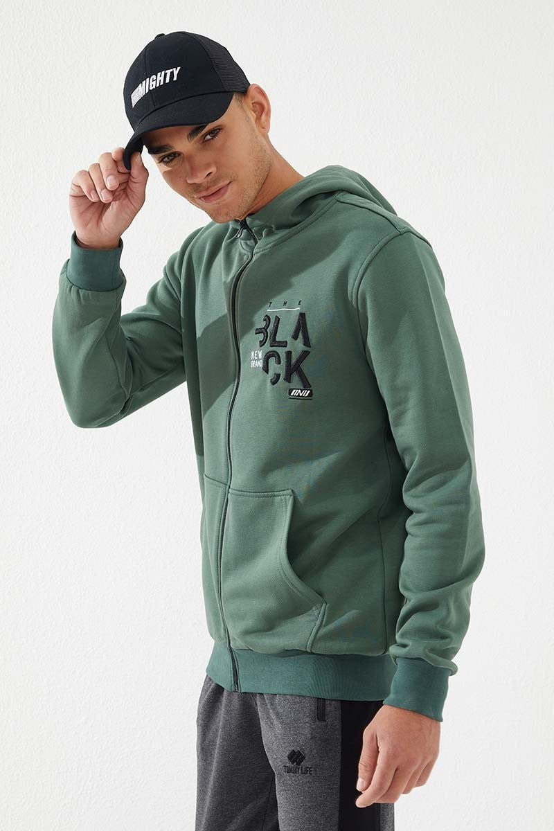 TMY Green Zippered Kangaroo Pocket Standard Fit Hooded Men's Sweatshirt - 87876 - Victorville