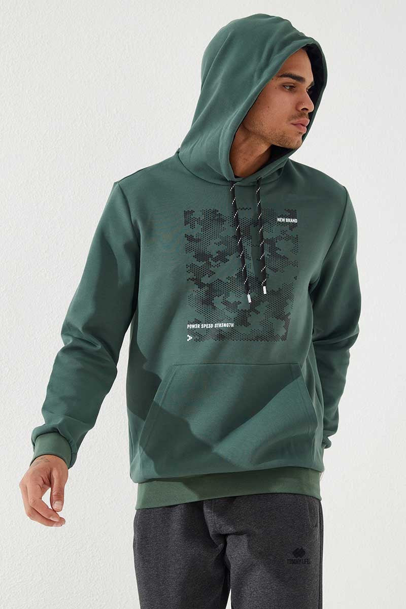 TMY Green Camouflage Pattern Printed Standard Fit Hooded Men's Sweatshirt - 87884 - Vaudreuil-Dorion