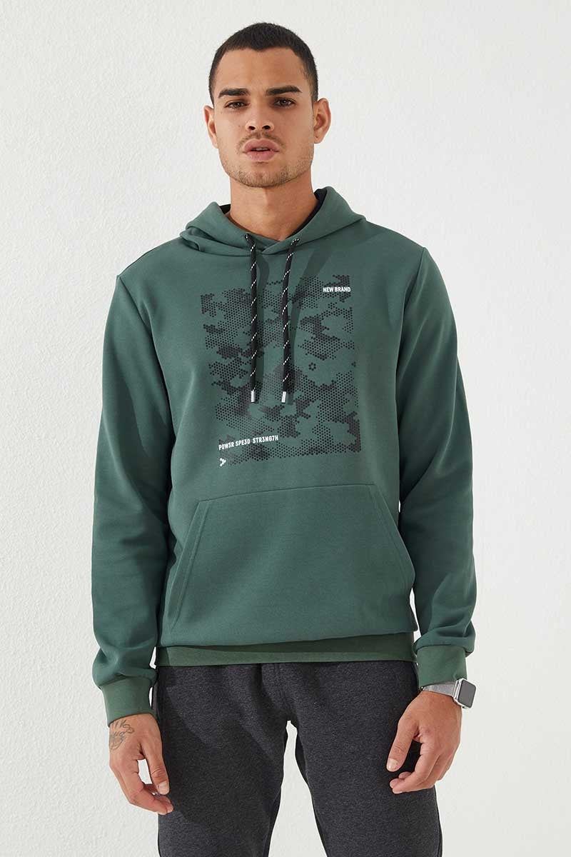 TMY Green Camouflage Pattern Printed Standard Fit Hooded Men's Sweatshirt - 87884 - Vaudreuil-Dorion