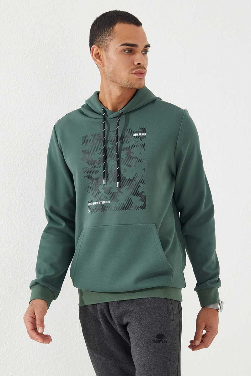 TMY Green Camouflage Pattern Printed Standard Fit Hooded Men's Sweatshirt - 87884 - Vaudreuil-Dorion