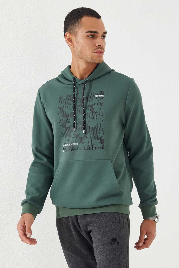TMY Green Camouflage Pattern Printed Standard Fit Hooded Men's Sweatshirt - 87884 - Vaudreuil-Dorion