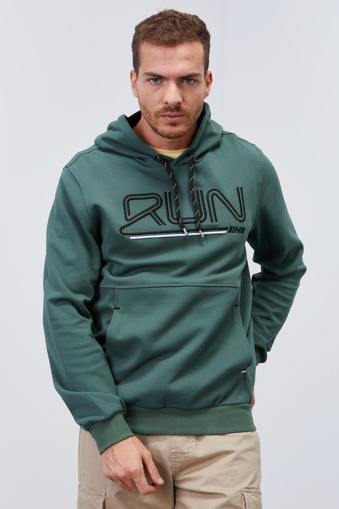 TMY Green Text Embroidered Standard Mold Hooded Men's Sweatshirt - 87887 - Berchem