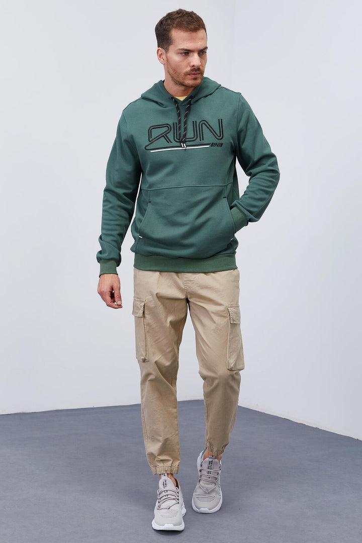 TMY Green Text Embroidered Standard Mold Hooded Men's Sweatshirt - 87887 - Berchem
