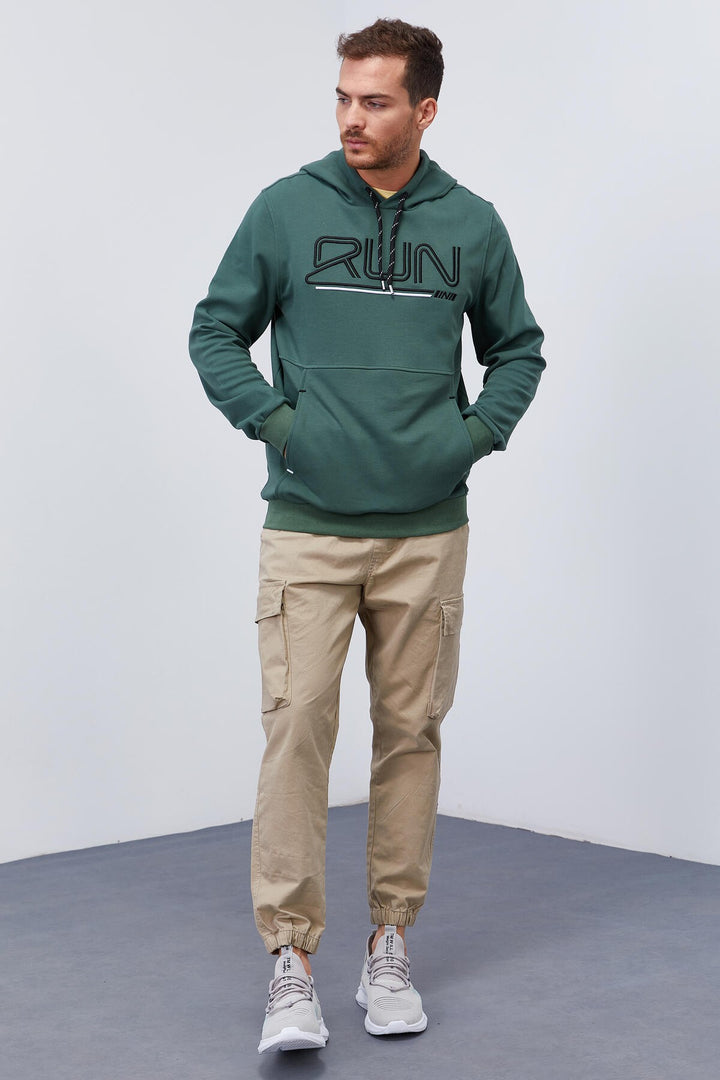 TMY Green Text Embroidered Standard Mold Hooded Men's Sweatshirt - 87887 - Berchem