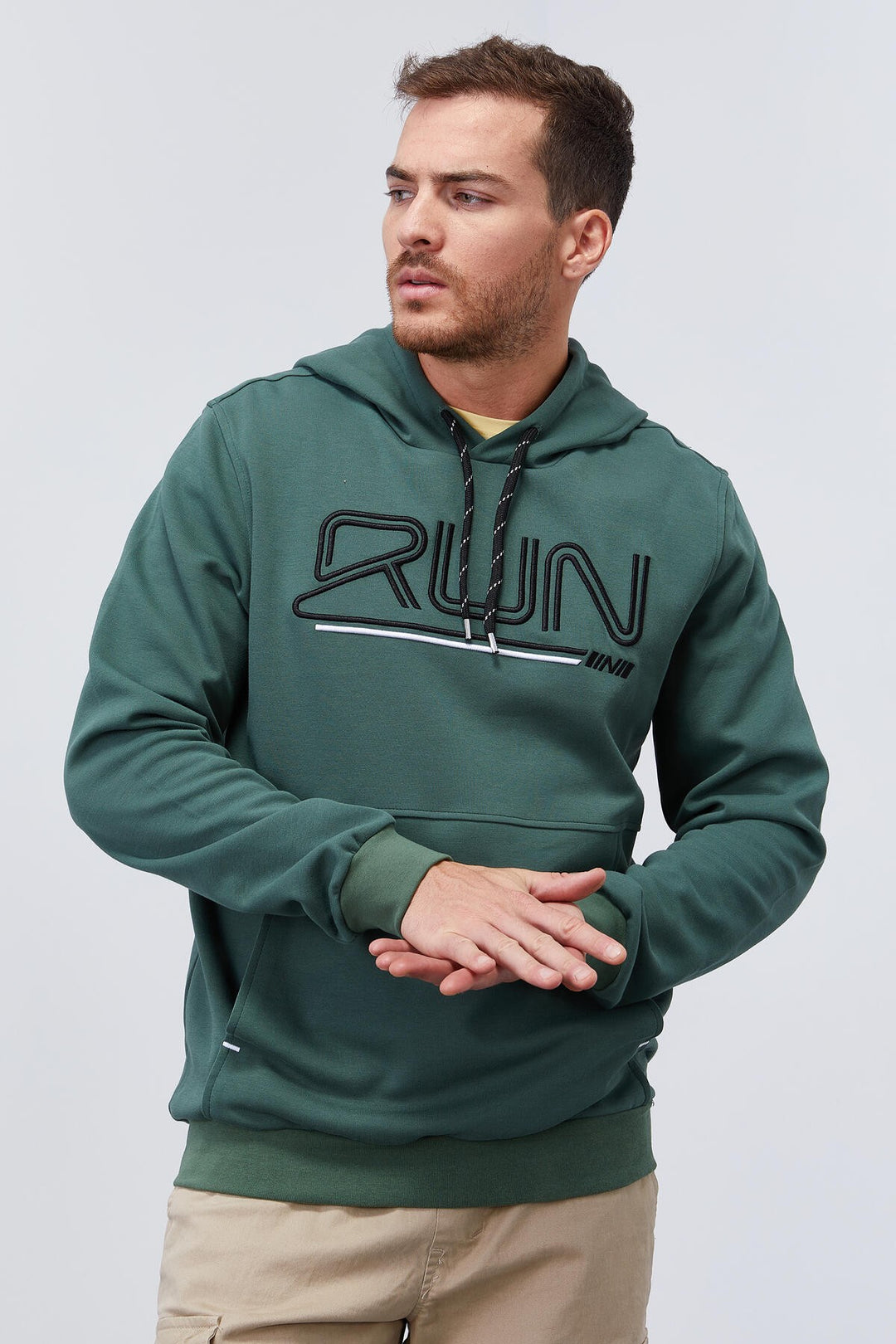 TMY Green Text Embroidered Standard Mold Hooded Men's Sweatshirt - 87887 - Berchem