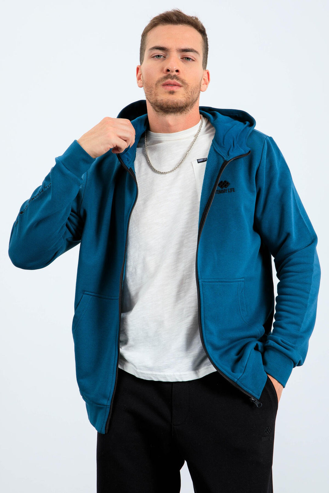 TMY Emerald Basic Hooded Comfort Fit Embroidered Detail Zippered Men's Sweatshirt - 88035 - Córdoba