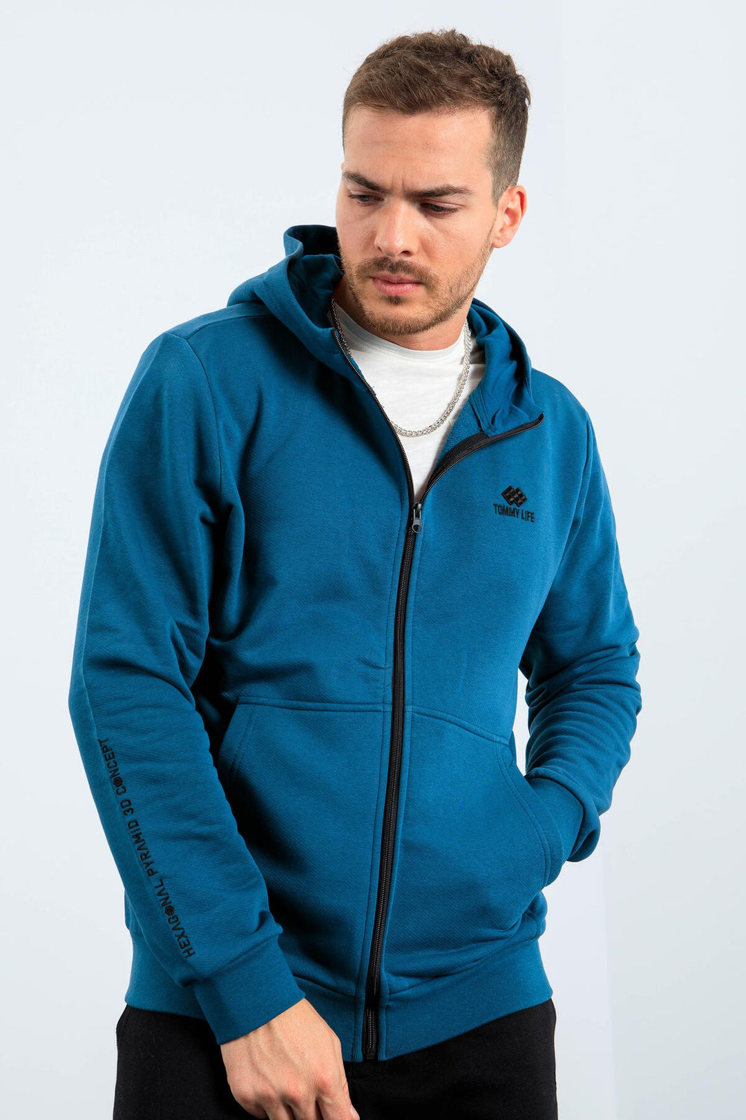 TMY Emerald Basic Hooded Comfort Fit Embroidered Detail Zippered Men's Sweatshirt - 88035 - Córdoba