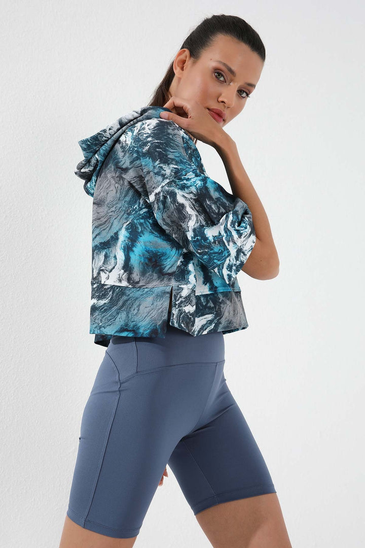 TMY Emerald Batik Patterned Truvakar Sleeve Hooded Women's Oversize Crop Top Sweatshirt - 97141 - Tallaght