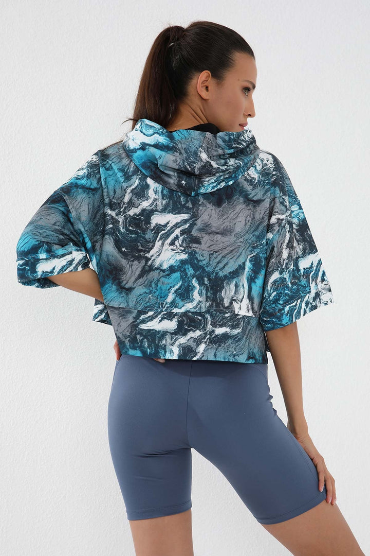 TMY Emerald Batik Patterned Truvakar Sleeve Hooded Women's Oversize Crop Top Sweatshirt - 97141 - Tallaght