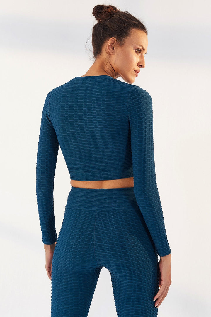 TMY Emerald Self-Patterned O Neck Long Sleeve Women's Crop Top T-Shirt - 97153 - Nîmes