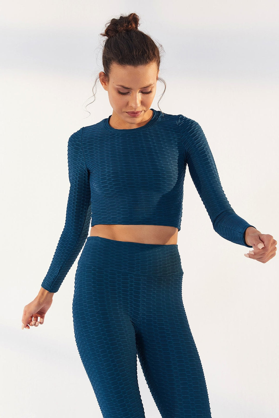 TMY Emerald Self-Patterned O Neck Long Sleeve Women's Crop Top T-Shirt - 97153 - Nîmes